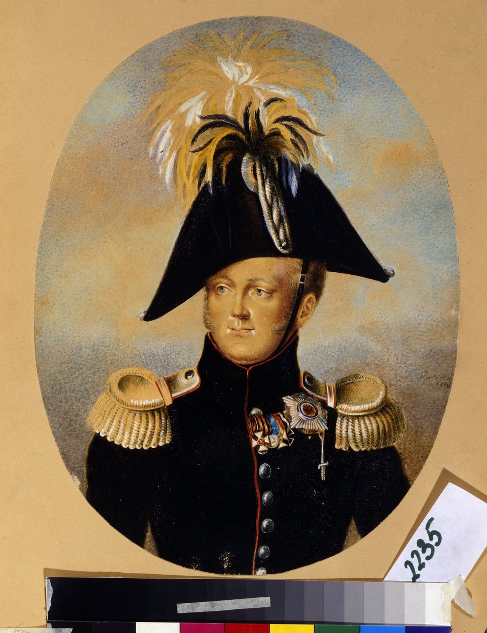 Muotokuva tsaari Aleksanteri I Pavlovichista (1777-1825) (Keisari Aleksanteri I:n muotokuva), jolla on useita kunniamerkkejä, kuten risti mustalla ja kultanauhalla, Pyhän Yrjön keisarillinen ja sotilaallinen ritarikunta (1. vasemmalla), nauha risti r tekijältä Peter Ernst Rockstuhl