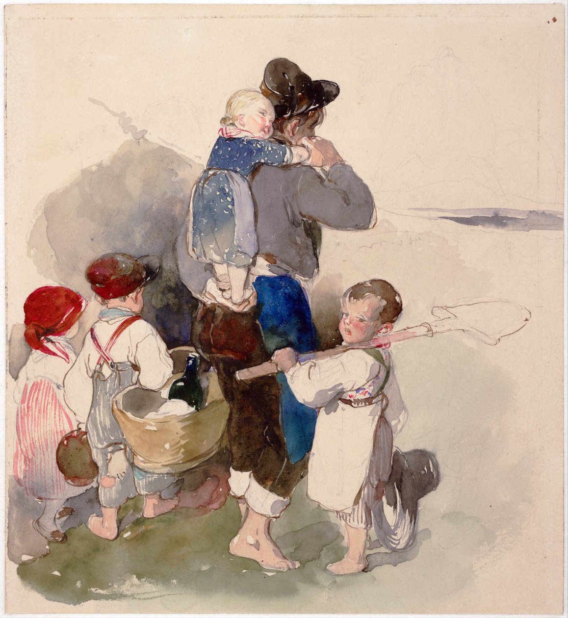 ""Lapset matkalla pellolle"" Peter Fendin (1796-1842) akvarelli noin 1840 Wienin Bibliotheque albertina tekijältä Peter Fendi