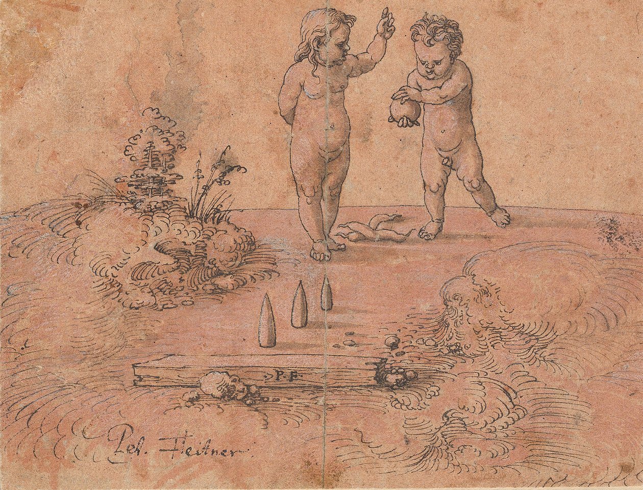 Kaksi lasta leikkimässä pallon kanssa, 1500-1546. tekijältä Peter Flötner