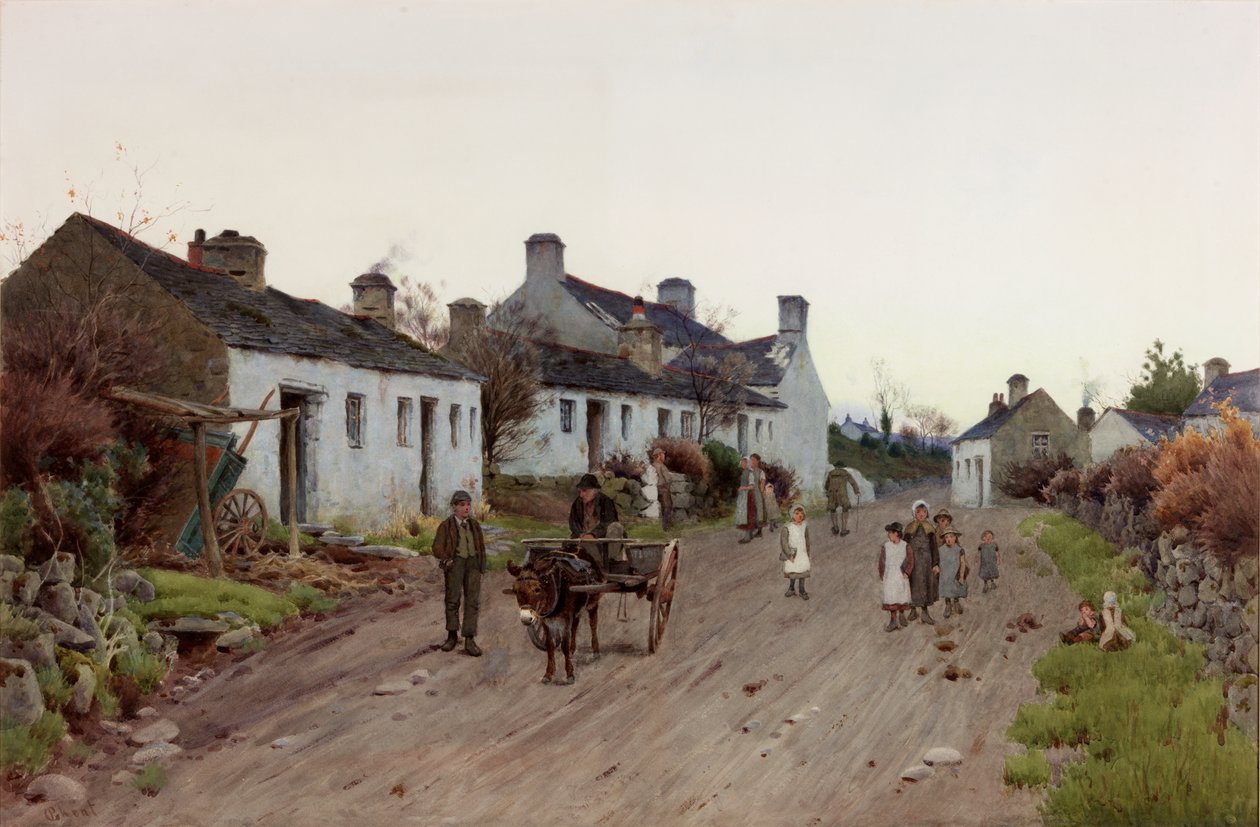 Walesin kylä – Ilta, noin 1890-1910 (akvarelli ja guassi) tekijältä Peter Ghent