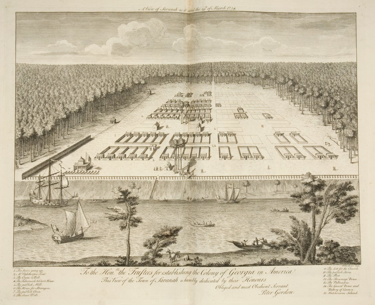Näkymä Savannahista sellaisena kuin se seisoi 29. maaliskuuta 1734, kaiverrus P. Fourdrinier, Lontoo, n. 1735 (kaiverrus) tekijältä Peter Gordon