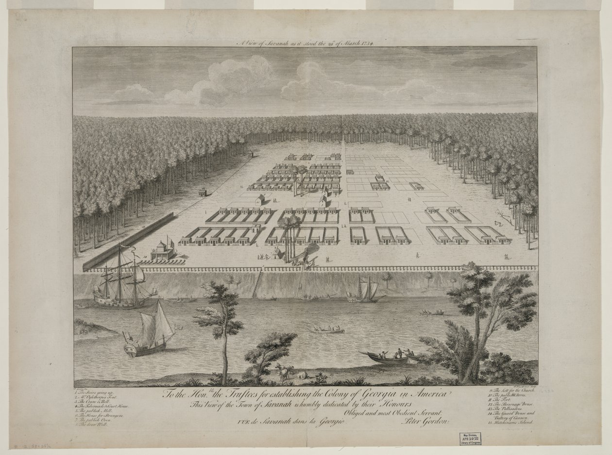 Näkymä Savannahista sellaisena kuin se seisoi 29. maaliskuuta 1734, kaiverrus P. Fourdrinier, Lontoo, n. 1735 (kaiverrus) tekijältä Peter Gordon