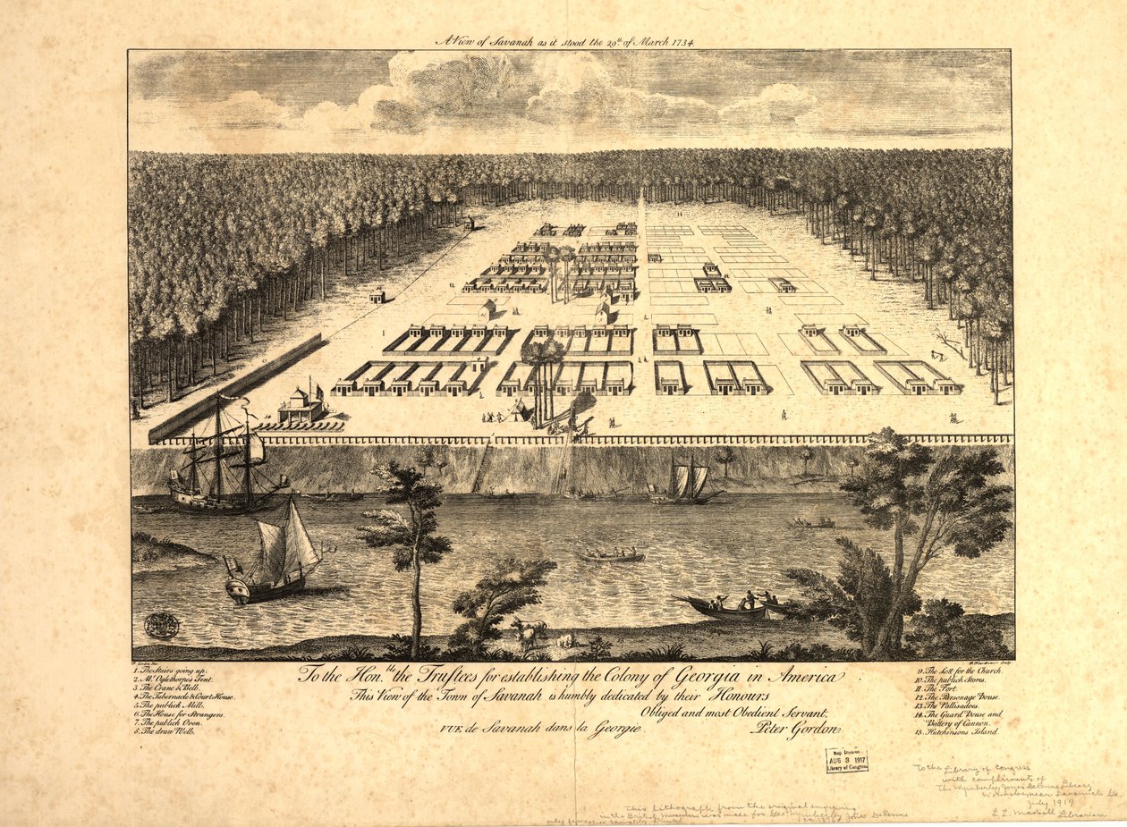 Näkymä Savannahista sellaisena kuin se oli 29. maaliskuuta 1734. LOC 97683565 tekijältä Peter Gordon
