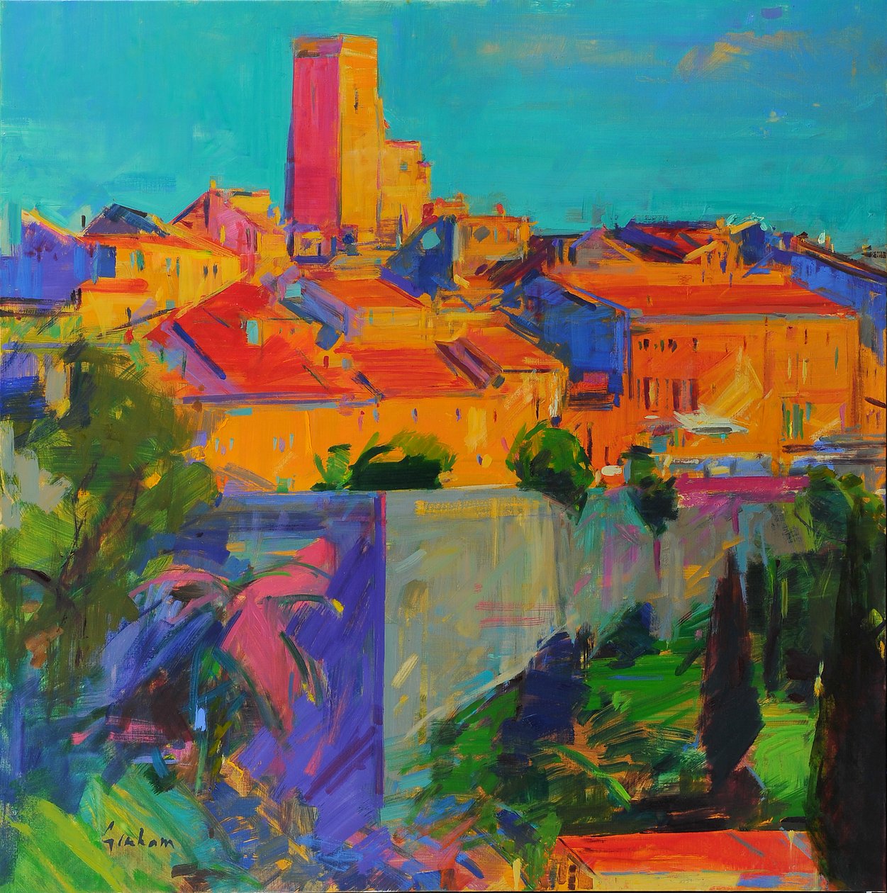 Saint-Paul de Vence, Kultainen valo, 2022 (öljy kankaalle) tekijältä Peter Graham