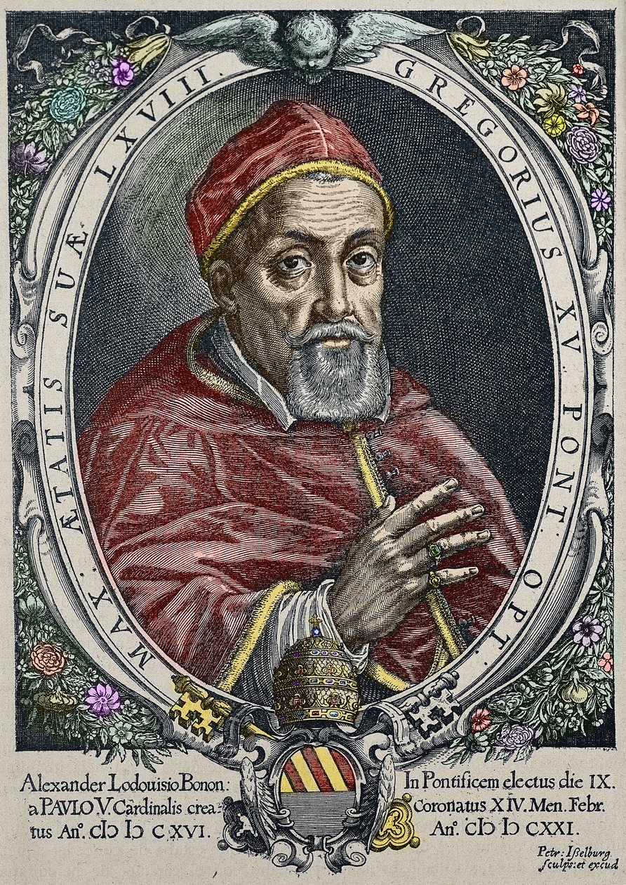 Paavi Gregoire XV:n esitys (Gregorio, Gregorius tai Gregory) (1554-1623) Peter Isselburgin kaiverrus - (Paavi Gregorius XV:n muotokuva (1554-1623), kaiverrus Peter Isselburg) Yksityinen kokoelma tekijältä Peter Isselburg