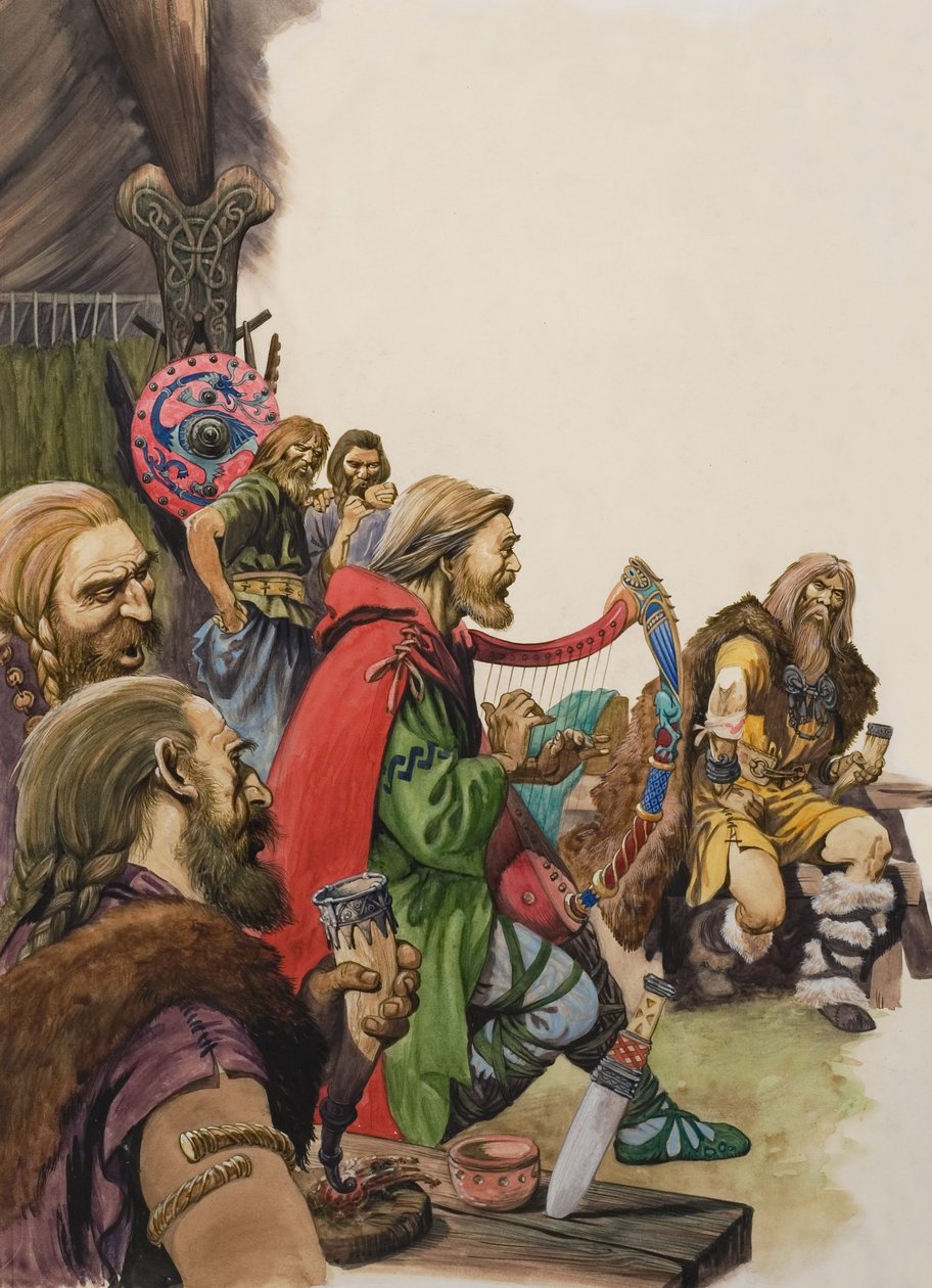 Alfred (849-899) naamioituneena minstraliksi kuningas Guthrumin leirissä (guassi paperille). tekijältä Peter Jackson