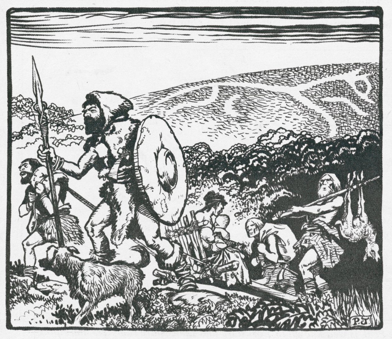 Muinaiset britit Ridgewayn varrella - valkoinen hevonen saattaa olla heidän tekemänsä (litografia). tekijältä Peter Jackson
