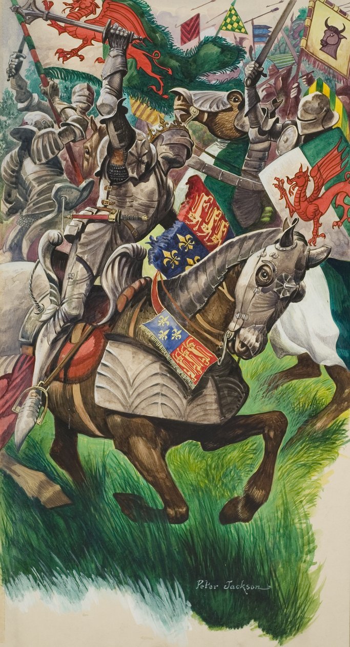 Kuningas Rikhard (1452-85) ja Henrik Tudor (1457-1509) Market Bosworthin taistelukentällä vuonna 1485 (guassi paperille). tekijältä Peter Jackson