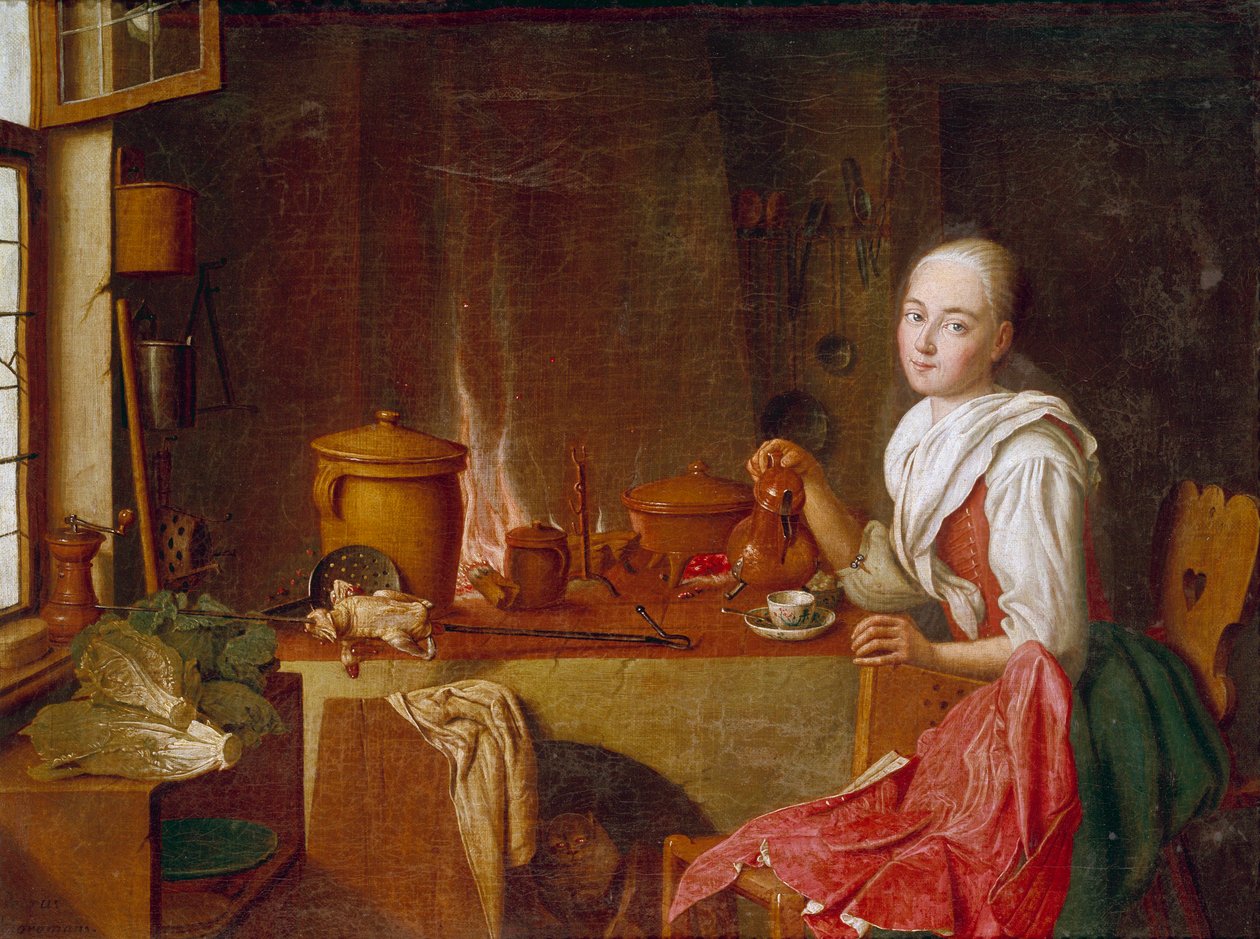 Nainen keittiössä Nuori nainen istuu kahvilla takan edessä. Peter Jacob Horemansin (1700-1776) maalaus (ec.flam.) 1700-luvun München. Alte Pinakothek tekijältä Peter Jacob Horemans