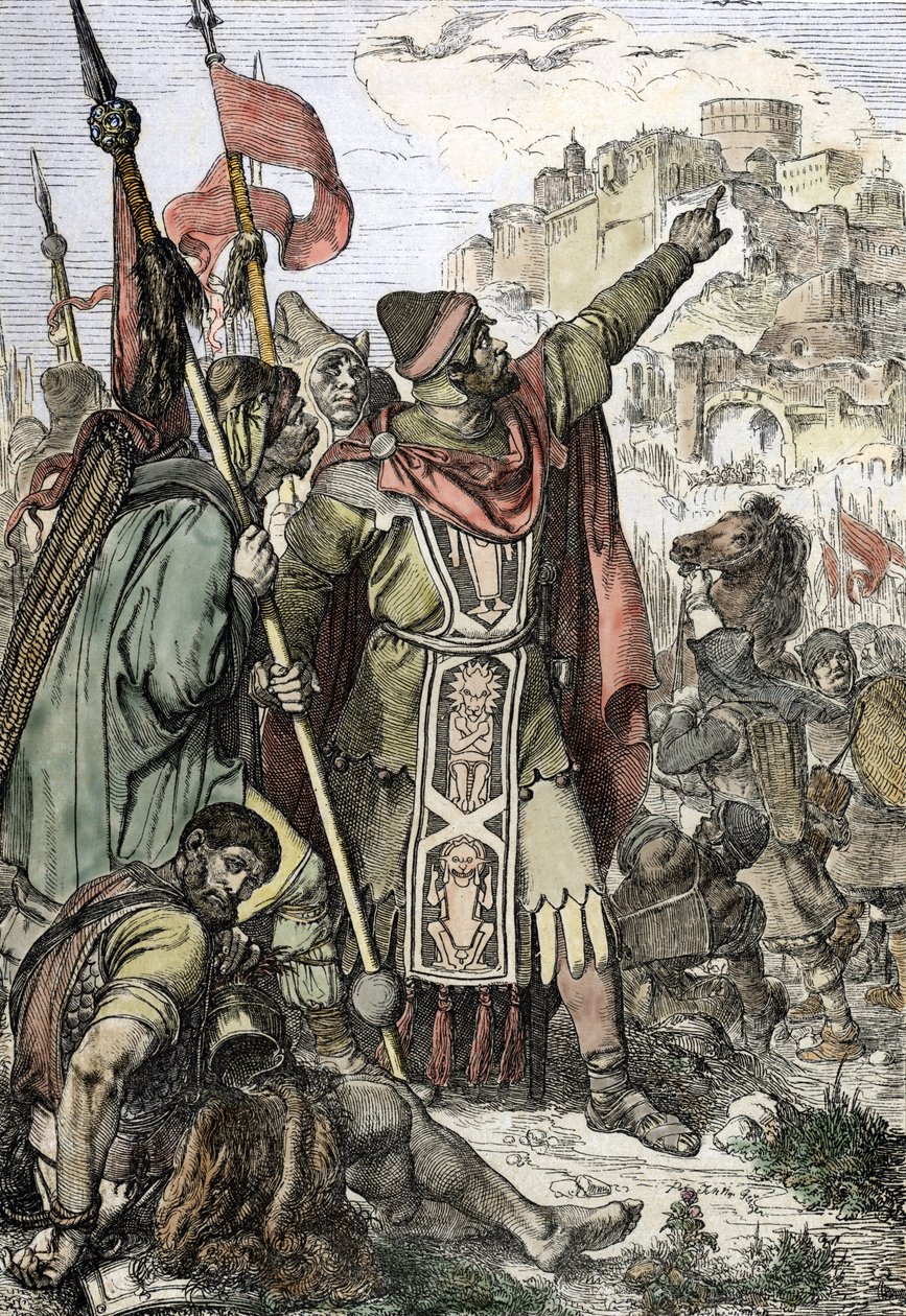 Barbaarien hyökkäys: "" Hunien kuningas Attila (406-453) pidätettiin piirittämään Aquileen kaupunkia Italiassa, ja hän vartioi sotilaidensa kanssa tekijältä Peter Johann Nepomuck Geiger