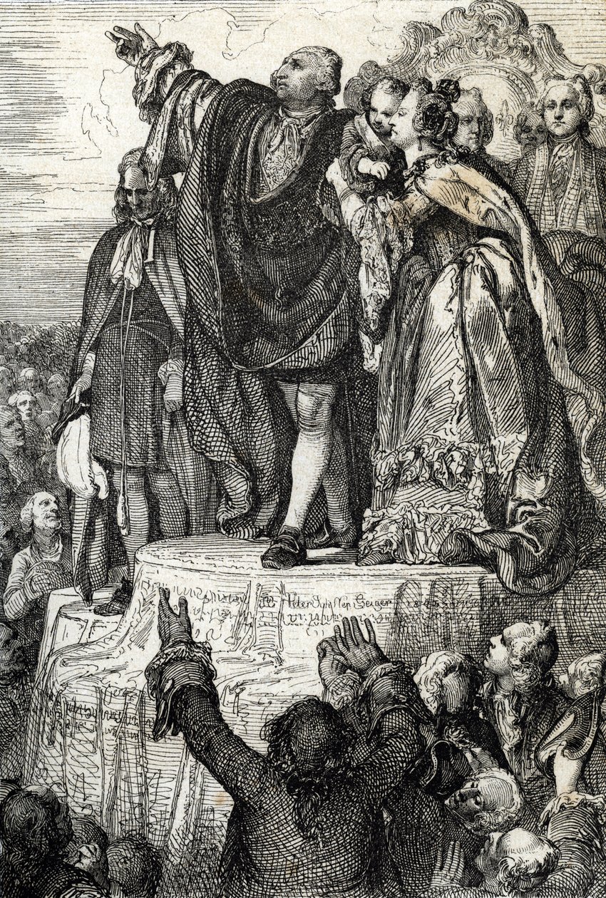 Ensimmäisen kansallisen liiton juhliminen 14. heinäkuuta 1790 isänmaan alttarilla Champs-de-Marsissa Bastillen valloituksen ensimmäisen vuosipäivän kunniaksi: kuningas Ludvig XVI perheensä ympäröimänä vannomassa valan constitut tekijältä Peter Johann Nepomuck Geiger