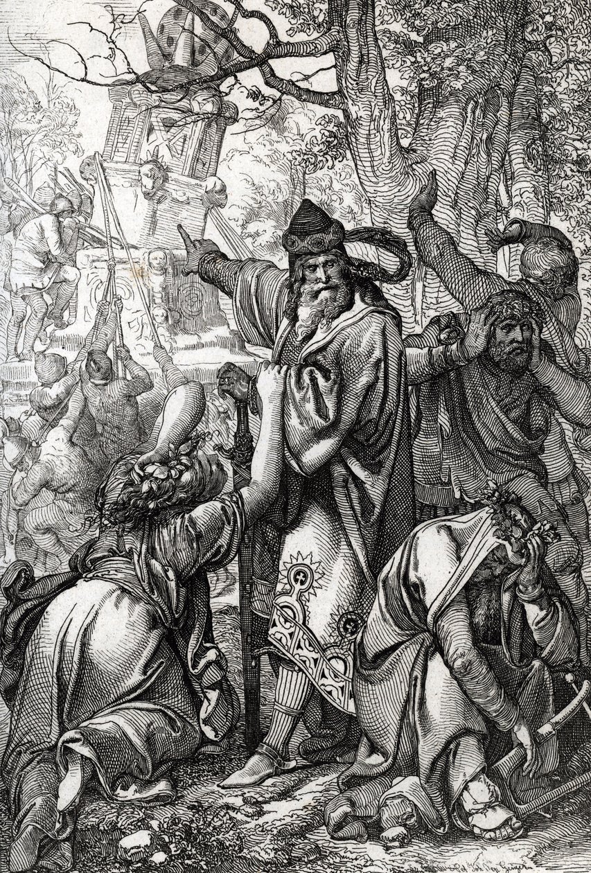 Keisari Kaarle (n. 742-814) sodassa sakseja vastaan, 772 (Keisari Kaarle Suuri (Charlemagne) saksien sotien aikana, 772) Höyhenpiirros Antonin "Historische Memorabilian des In-und Auslandesista" (Historiallisia matkamuistoja) tekijältä Peter Johann Nepomuck Geiger