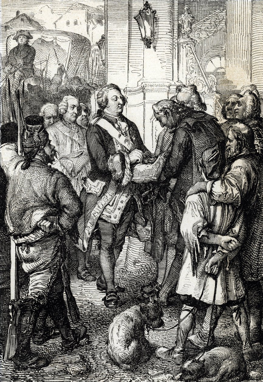 Ranskan vallankumous: Kuningas Ludvig XVI vastaanottaa Pariisin pormestari Jean-Sylvain Baillylta kolmivärisen kokardin tekijältä Peter Johann Nepomuck Geiger