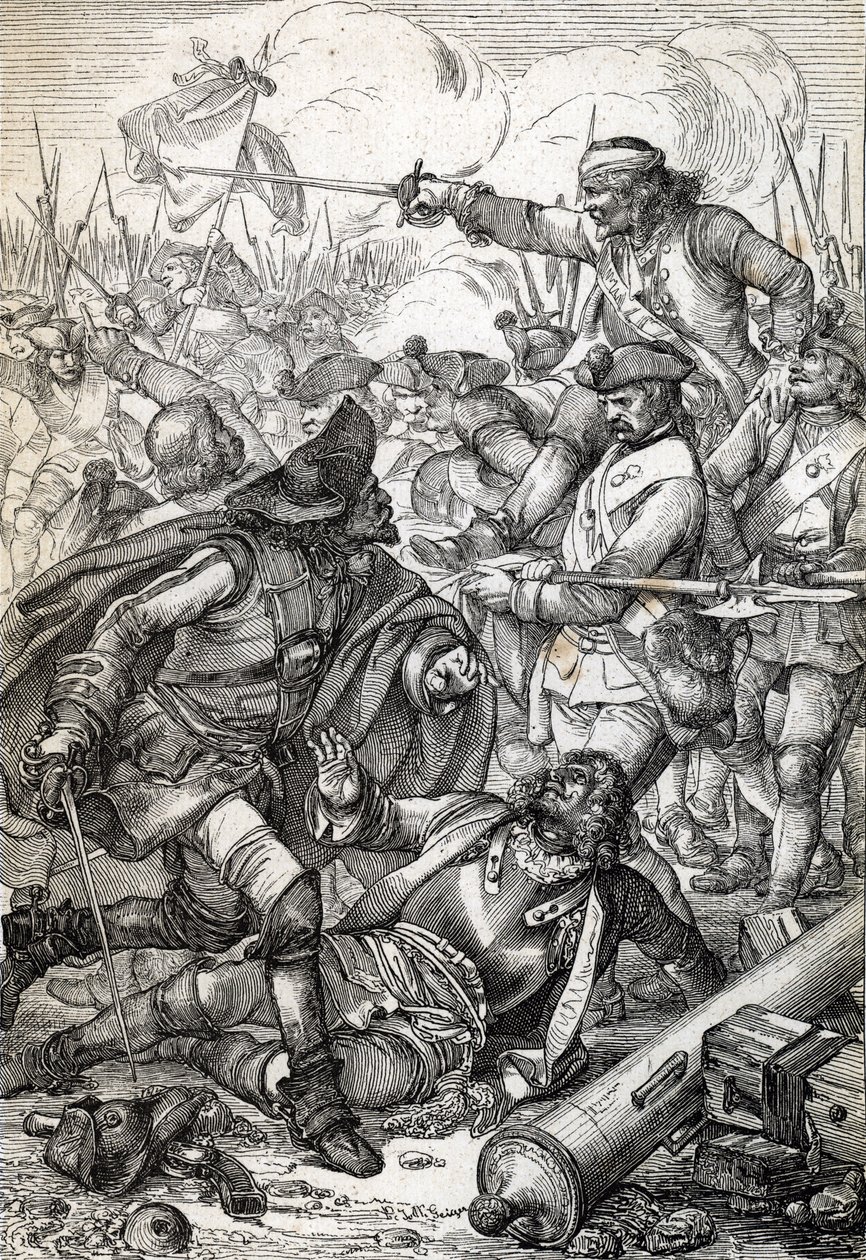Suuri Pohjansota: "" Poltavan (tai Pultawan) taistelu Venäjän Pietari I:n armeijan ja Ruotsin Kaarle XII:n joukkojen välillä, 8.7.1709" (Suuri Pohjansota: Poltavan taistelu, 8. heinäkuuta 1709 ) Höyhenpiirros julkaisusta "" Historische Memorabilian des tekijältä Peter Johann Nepomuck Geiger