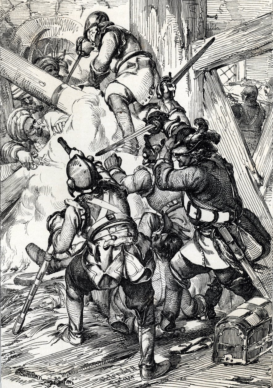 Ruotsin kuningas Kaarle (tai Kaarle) XII (1682-1718) puolustamassa turkkilaisia Benderissä (Bendery) helmikuussa 1713, Moldaie (pakotettu kuningas Kaarle (Carl) XII Ruotsin väkijoukkoja ja ottomaanien Janissareja vastaan, Bender, helmikuu 1713) ) Piirrä ky tekijältä Peter Johann Nepomuck Geiger