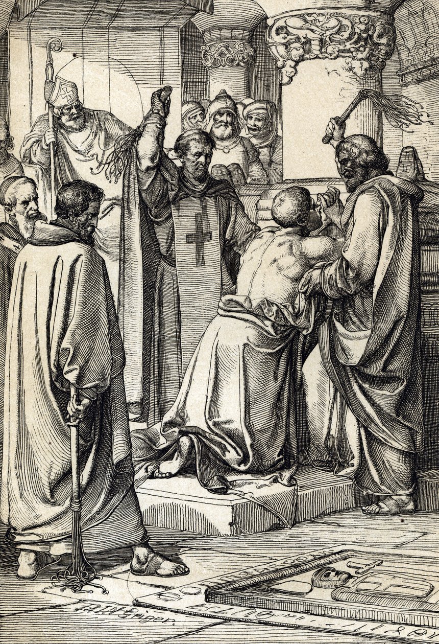 Englannin kuningas Henrik II (1133-1189) syyllistyy Thomas Becketin salamurhaan arkkipiispan haudalla. tekijältä Peter Johann Nepomuck Geiger