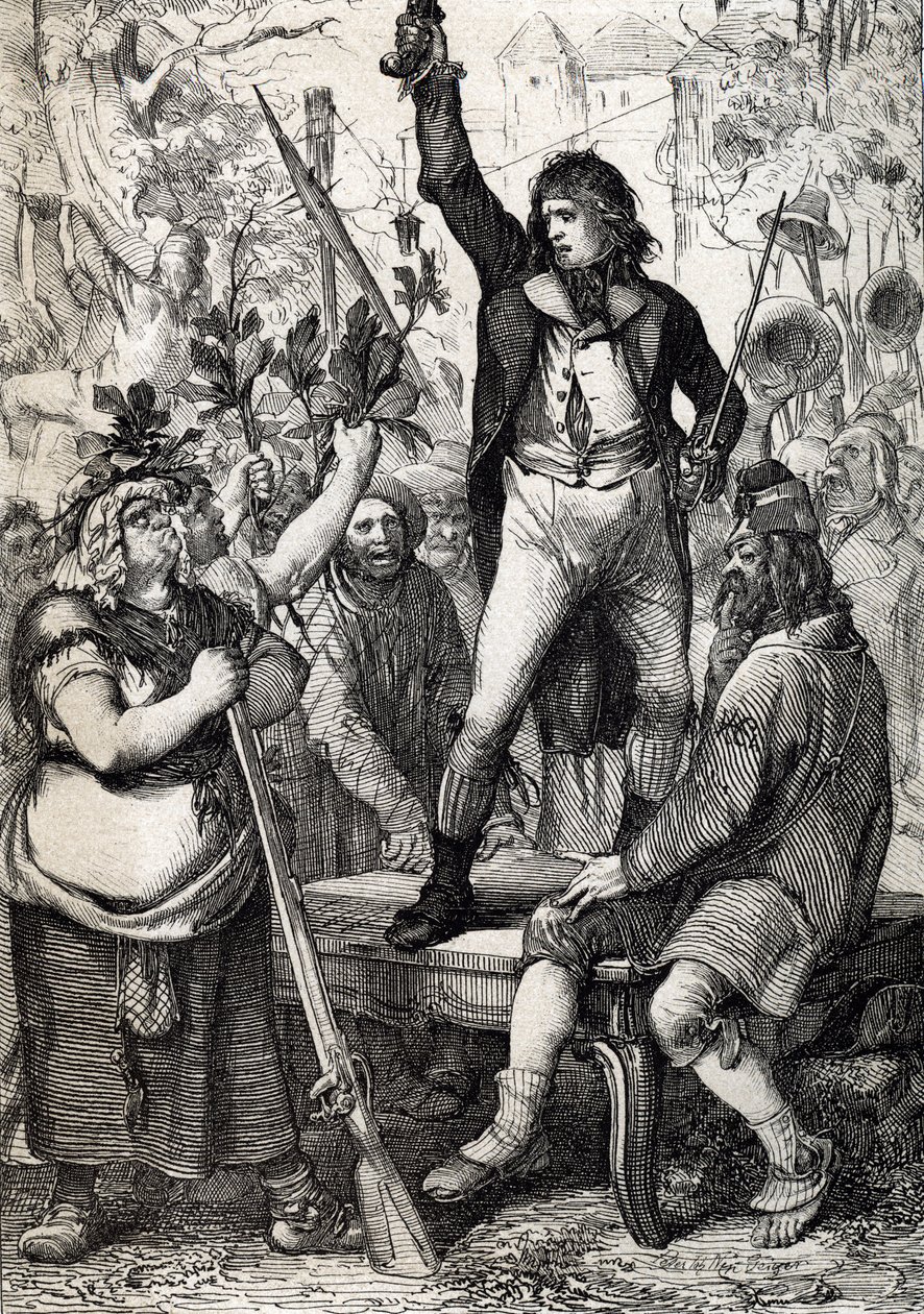 Ranskan vallankumouksen puhkeaminen vuonna 1789: kokoontunutta väestöä kehotetaan valitsemaan kokardin väri ja tarttumaan historiallisiin aseisiin) Anton Ziegler tekijältä Peter Johann Nepomuck Geiger