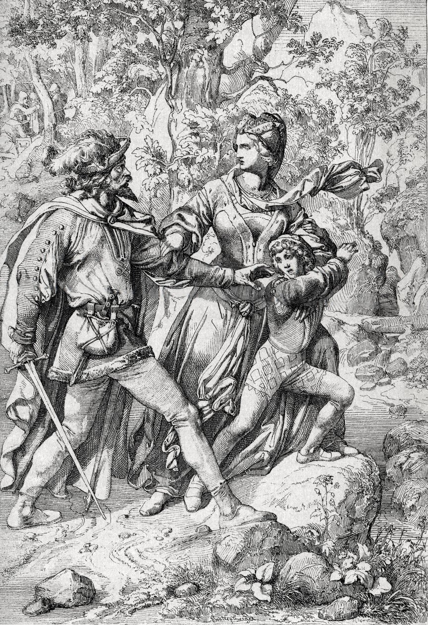 Englannin kuningatar Margareta Anjou (1430-1482) ja hänen poikansa Edward, jotka ryöstö pelasti lennon aikana Yorkistien voiton jälkeen tekijältä Peter Johann Nepomuck Geiger
