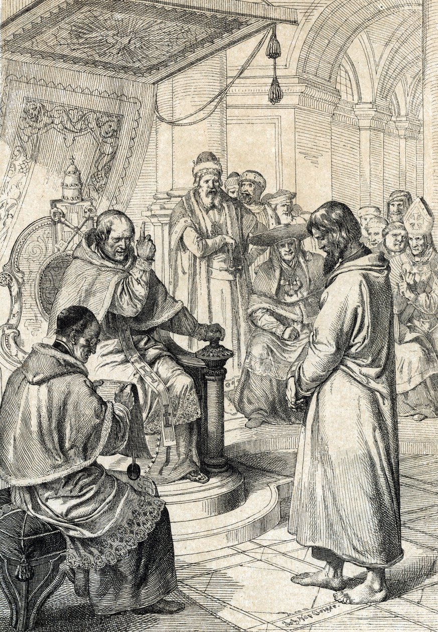 Panostusten kiusaus, Canossan katumus: Canossassa Pyhän Rooman valtakunnan keisari Henrik IV (1050-1106) katuvassa puvussa rukoilee paavi Gregoire VII:n (Hildebrand: 1015/20-1085) anteeksiantoa tehden kunniallisia korjauksia 107 tammikuussa. ” (wal tekijältä Peter Johann Nepomuck Geiger