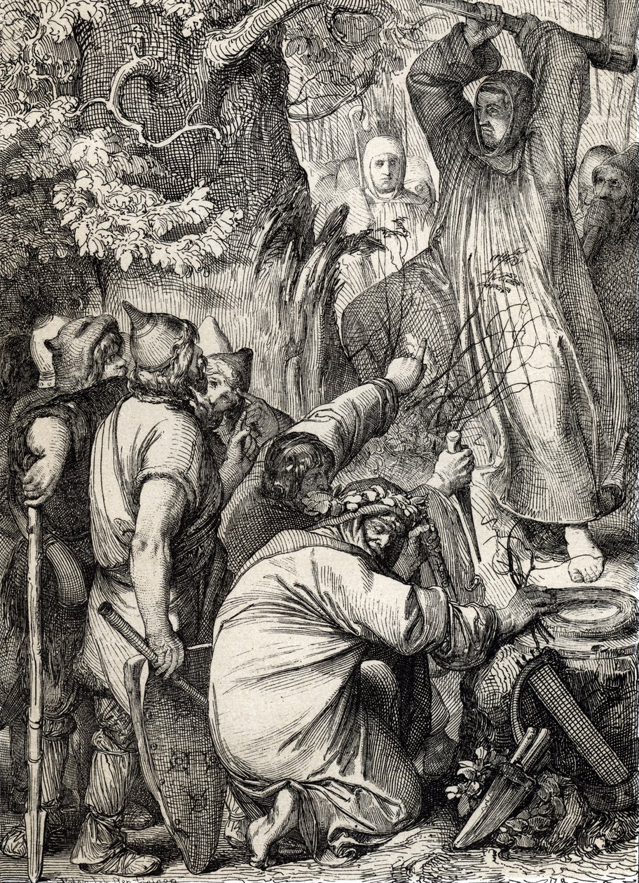 Mainzin pyhä Bonifatius (680-754), joka kaatoi Thorin tammen vakuuttaakseen druidille, että se ei ole pyhä puu (Pyhä Bonifacius (Bonifacius), joka tuhoaa Thorin tammen (Donar tai Joven tammi) germaanisten pakanoiden pyhän puun, muuntaaksesi tekijältä Peter Johann Nepomuck Geiger