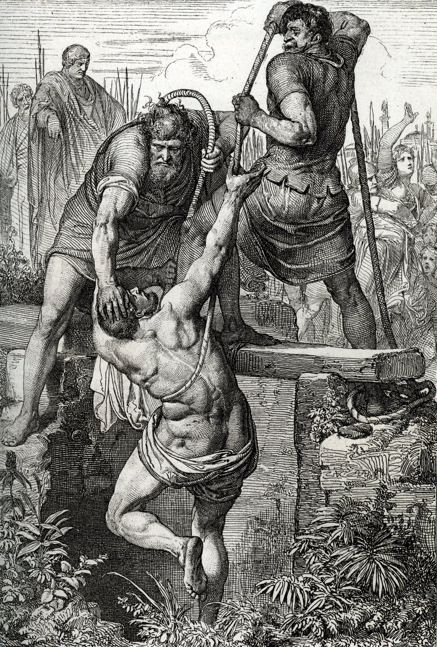 Bysantin keisari Zenon (425-491) palasi Konstantinopoliin ja sulki anastaja Flavius Basiliscuksen (Basiliskin) perheensä kanssa, 477 (Basiliskuksen kuollut kuivaan säiliöön, kuollakseen altistumisesta, Rooman keisari Zenon, 477) Drawingin toimesta. kynä dr tekijältä Peter Johann Nepomuck Geiger