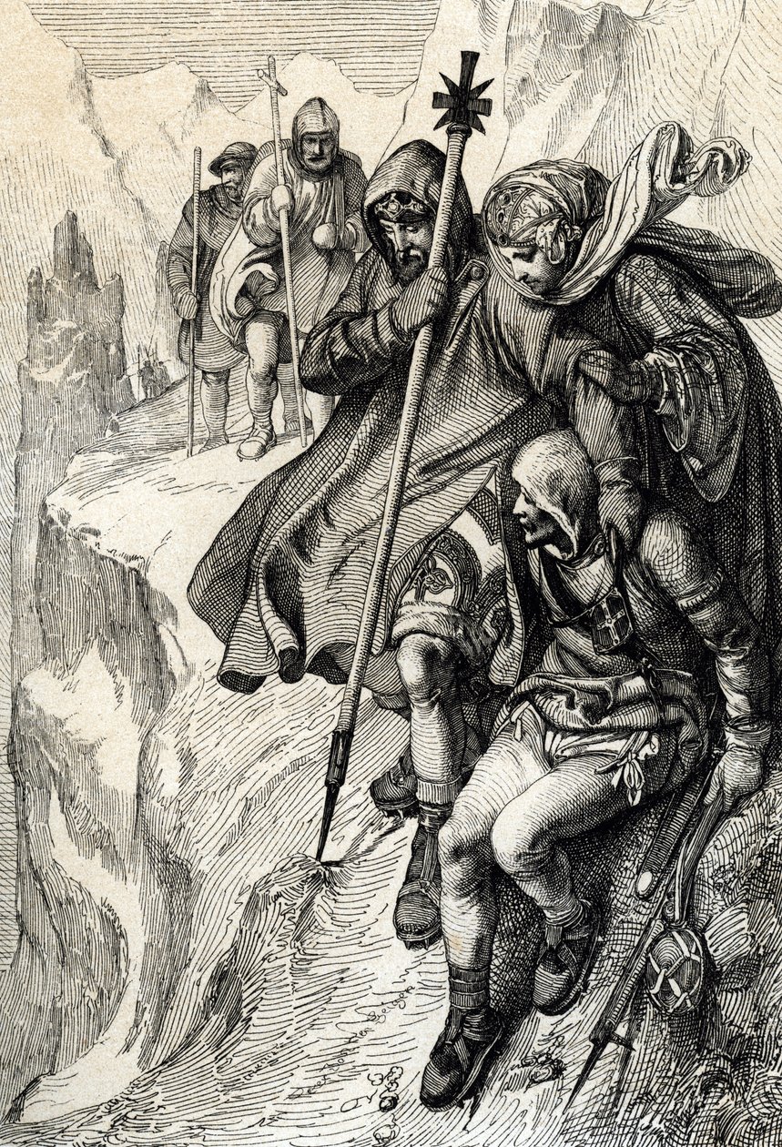 Roomalaisten kuningas Henrik IV ohittaa Cenis-vuoren solan ylittääkseen Alpit ja mennäkseen Toscanan kreivitär Mathilden luo Canossaan, missä paavi Gregoire VII, tammikuu 1077” (Henry IV ylitti Alpit Mont Cenis -solaa pitkin päästäkseen linnaan Canossa ja tekijältä Peter Johann Nepomuck Geiger