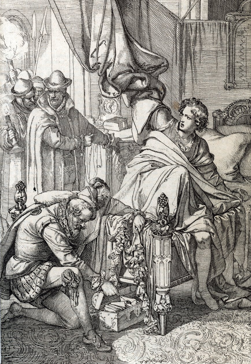 A prisão de Carlos da Áustria (1545-1568) (Don Carlos) filho de Filipe II de Espanha em 1568 pelos homens de seu pai (Carlos, príncipe das Astúrias, filho mais velho e herdeiro aparente do rei Filipe II de Espanha preso por seu pai no início de 1568) Desen tekijältä Peter Johann Nepomuck Geiger