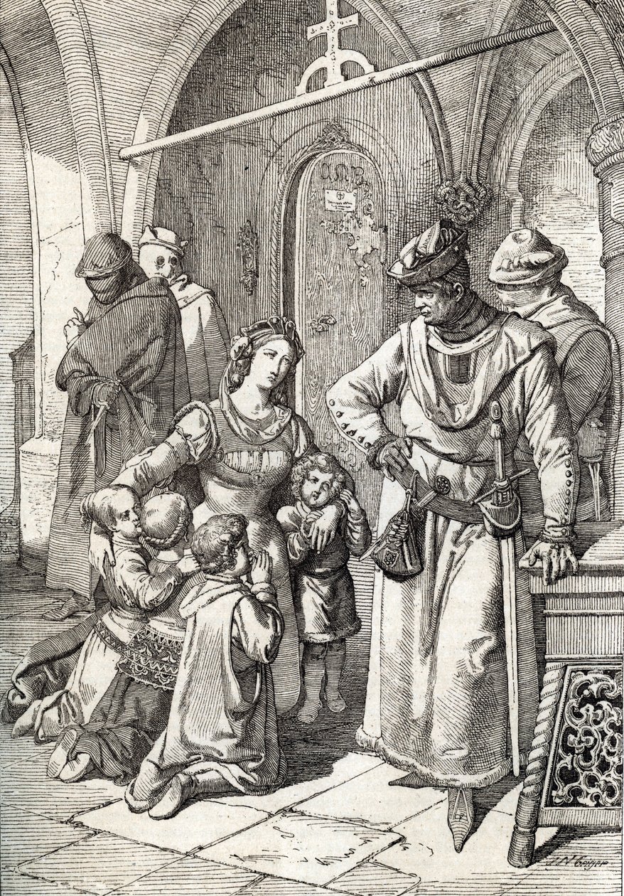 Portugalin Pietari I:n (Pedro I) toisen vaimon salamurha ines de Castron (1320-1355) luostarissa Santa Clara de Coimbrassa, Portugalissa 1355 (Portugalin kuninkaan Pietari I:n vaimo Ines Castron murha luostarissa Santa Clara in Co tekijältä Peter Johann Nepomuck Geiger