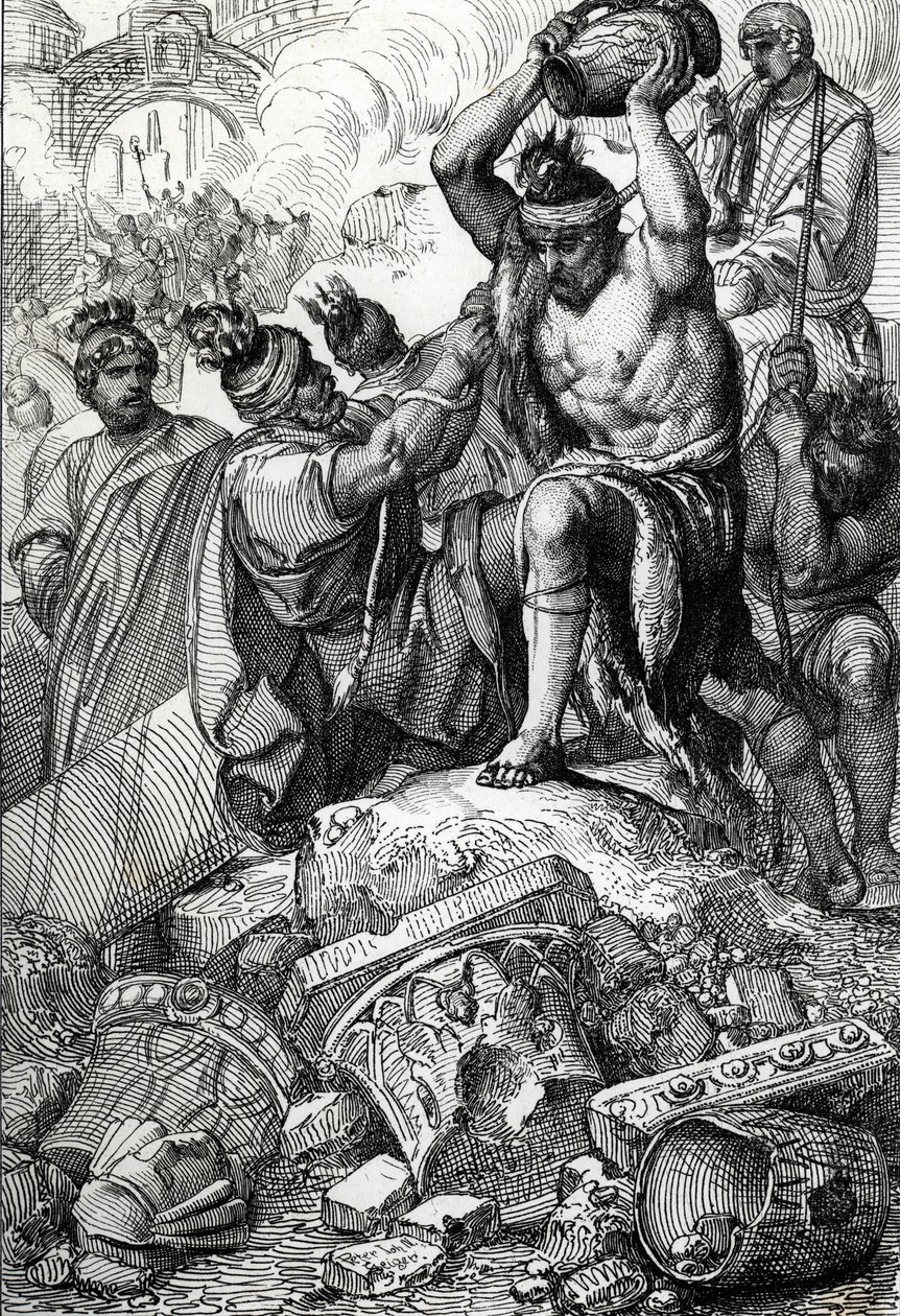 Rooman (Italia) pussi vuonna 410, otettiin kaupungista ja ryöstettiin Visigootit, joita johti Alaric (370-410) (Alarik I:n johtamien visigoottien ryöstö Rooman vuonna 410, keisari Honoriuksen aikana) Piirustus kynä, joka on piirretty kirjasta "Historische  tekijältä Peter Johann Nepomuck Geiger