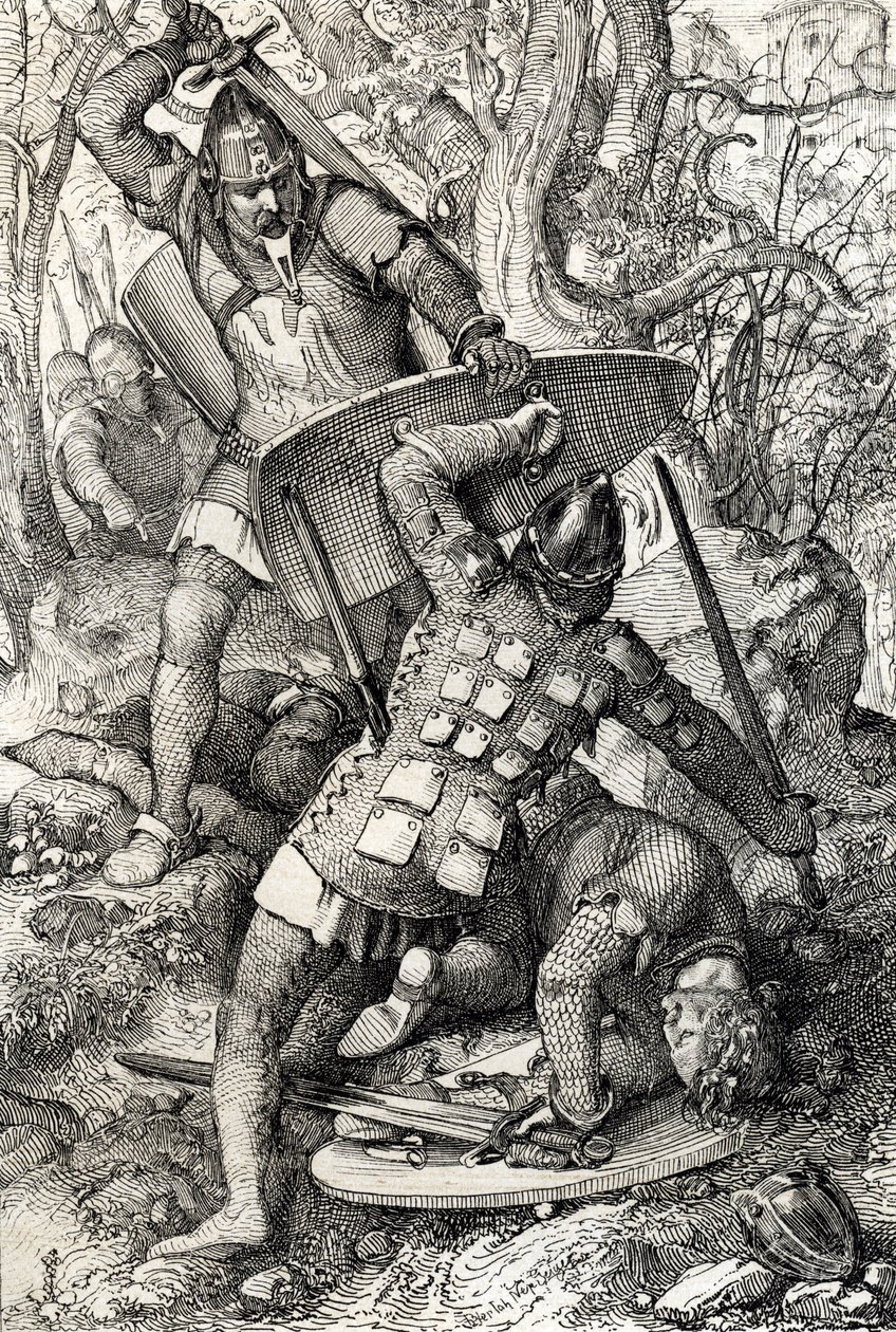 Ernest II:n kuolema Švaabilaisen (1010-1030) taistelussa Konstanzin iltaa vastaan Saksassa (Swaabian herttua Ernest II:n kuolema Konstanzissa, Saksassa tekijältä Peter Johann Nepomuck Geiger