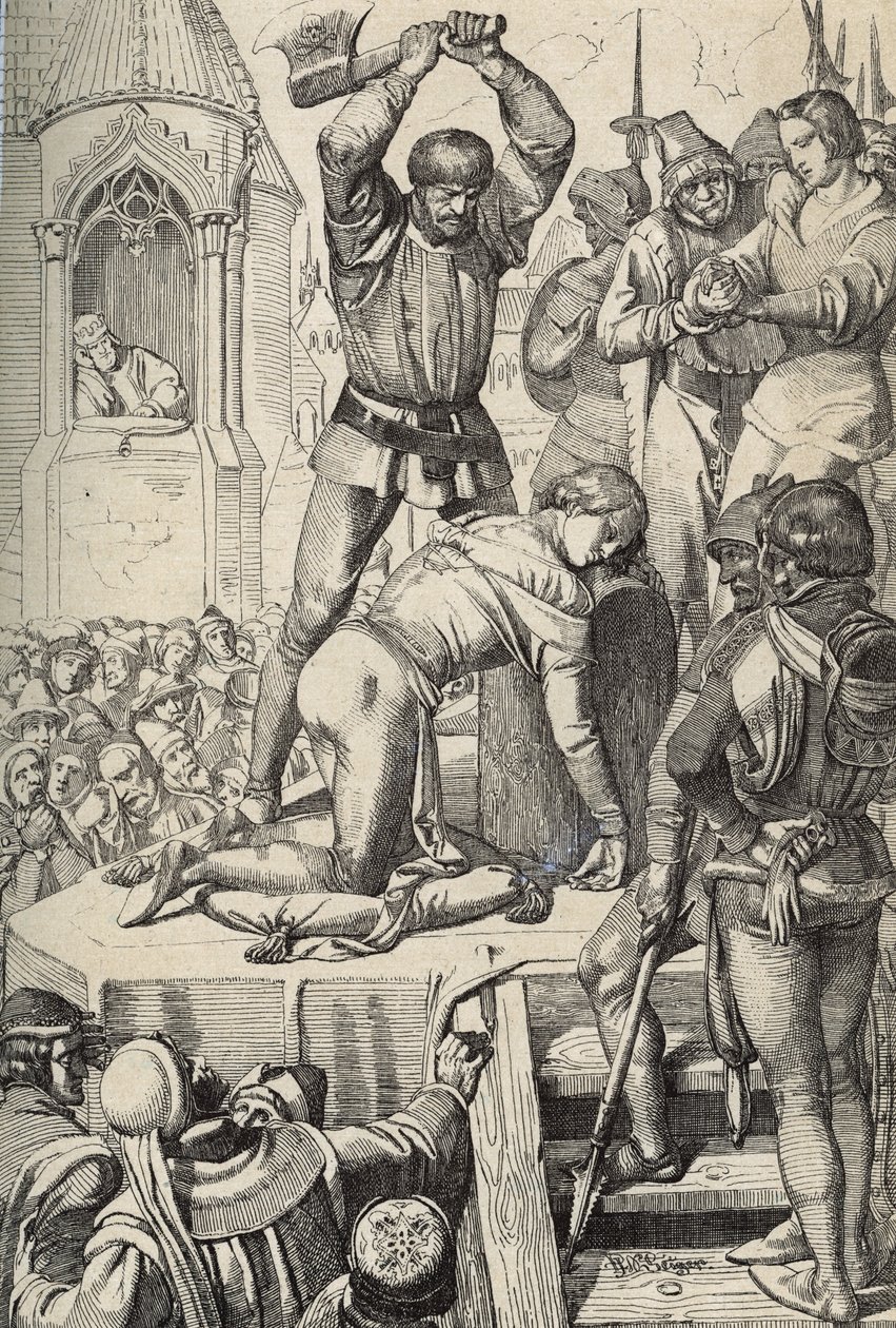 Sisilian kuninkaan Conradinin (tai Conrad of Hohenstaufenin) ja Swabian herttuan (1252-1268) teloitus Charles Anjoun käskystä Tagliacozzon taistelun jälkeen vuonna 1268 (Conradinin (tai Conrad nuoremman), viimeisen Stauferin kuninkaan teloitus Sisilia, per tekijältä Peter Johann Nepomuck Geiger