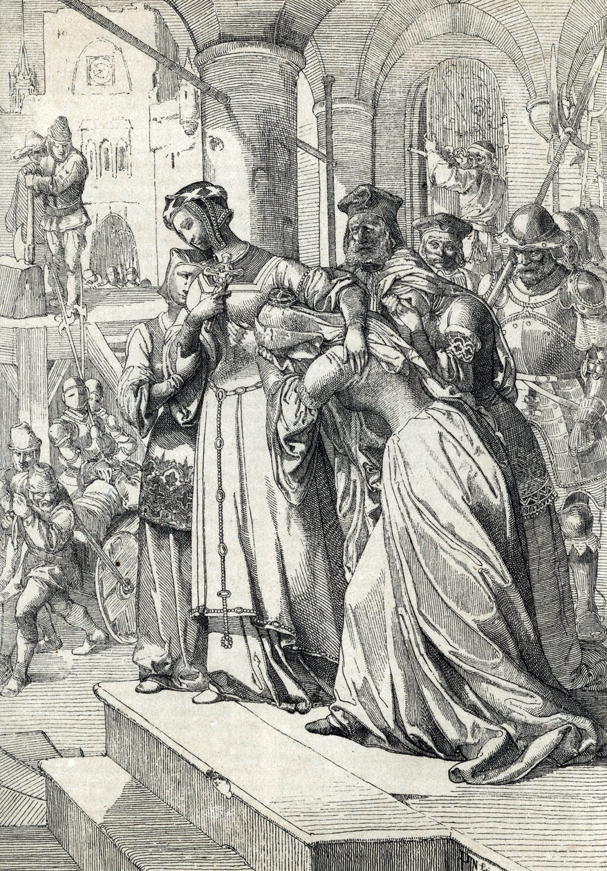 Lady Jane Grayn (Jeanne Greyn) (1537-1554) Jane Grayn teloitus teloitettiin vuonna 1554 Lontoon Towerissa (Lady Jane Greyn teloitus) höyhenpiirros Anton Zieglerin "Historische Memorabilian des In-und Auslandes" -kirjasta. tekijältä Peter Johann Nepomuck Geiger
