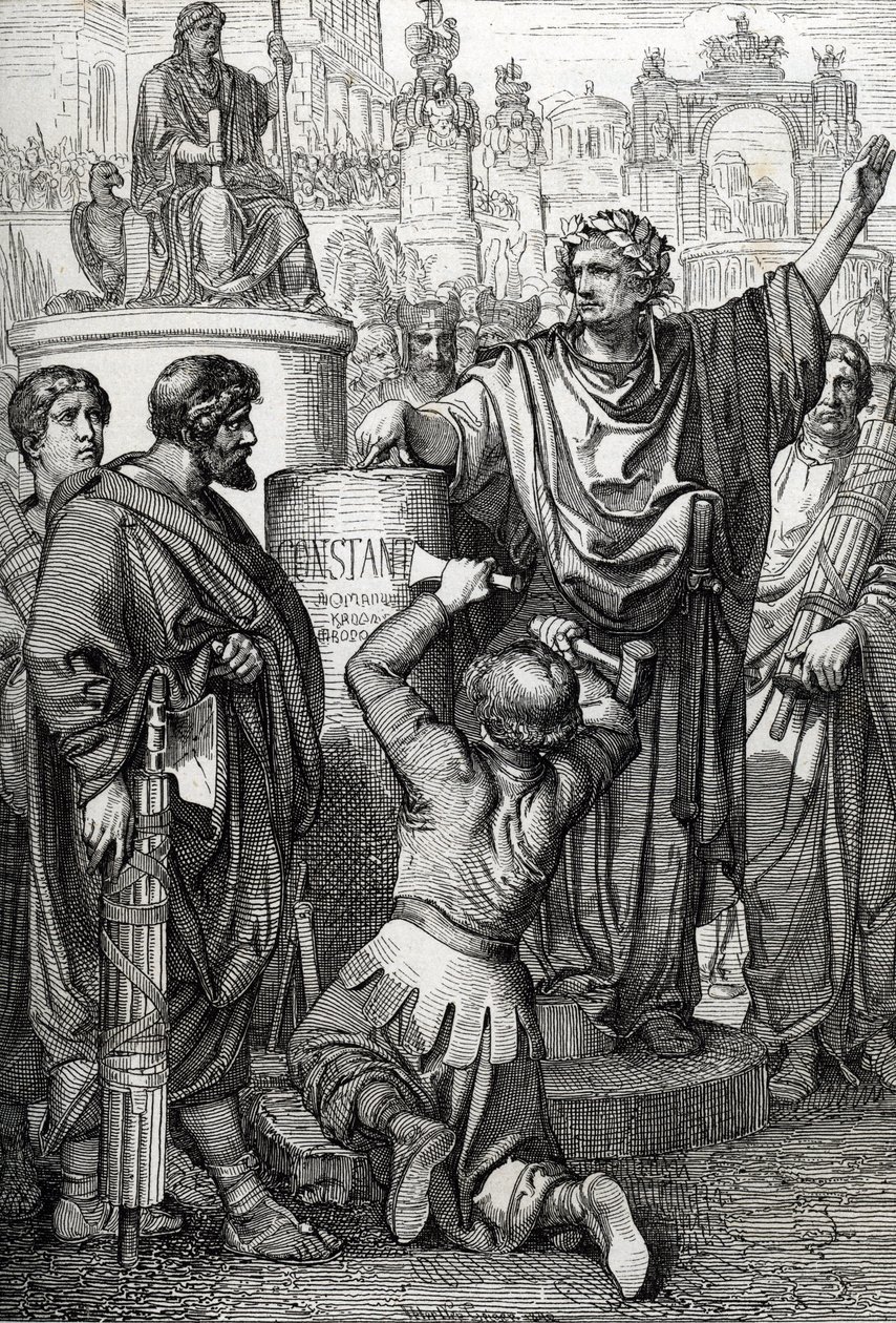 Konstantinopolin perustama keisari Konstantinopoli Suuri, joka siirsi keisarillisen pääkaupungin Bysantille, jonka hän nimesi uudelleen Konstantinopoliksi tekijältä Peter Johann Nepomuck Geiger