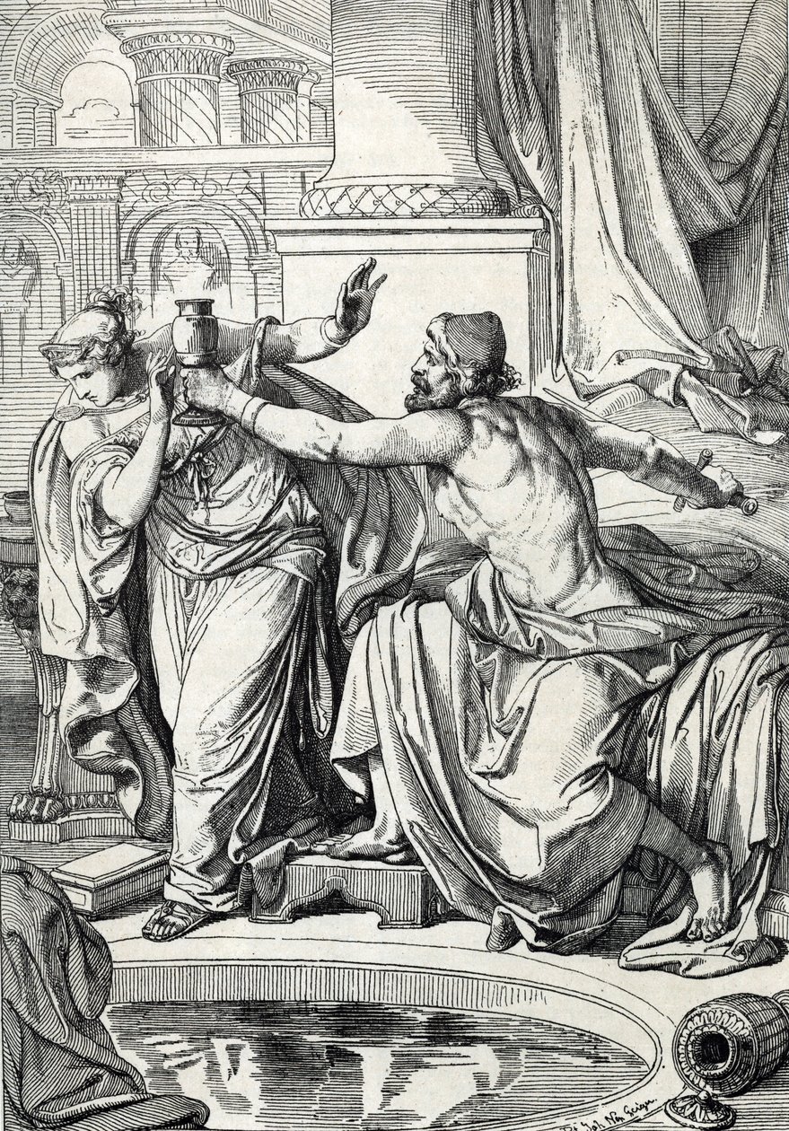 Gepidiprinsessa Rosemonde (kuoli 572) ja hänen rakastajansa, miehensä kuningas Alboinin murhaaja myrkyttivät itsensä samalla myrkkykupilla, 572 (gepidprinsessa Rosamund (tai Rosamunde) ja hänen rakastajansa tappavat itsensä samalla myrkkykupilla, 572) Piir tekijältä Peter Johann Nepomuck Geiger