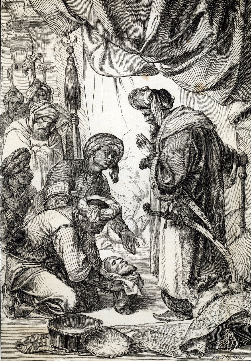 Ali Pashan Janina (1750-1822) pää, jonka sicarit esittivät sulttaani Mahmud II:lle tekijältä Peter Johann Nepomuck Geiger