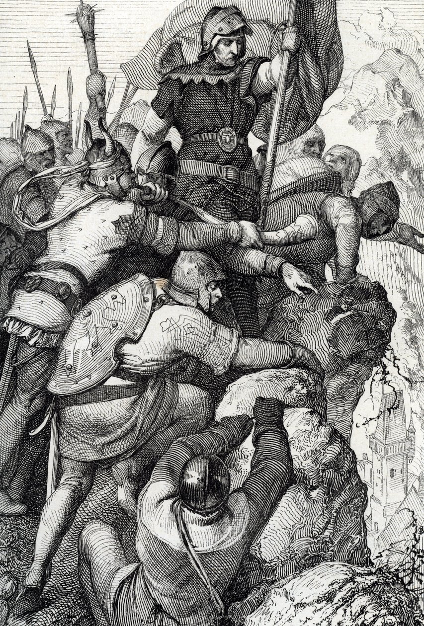 Bavieren Othon I:n (1117-1183) joukot Veronan lähellä Italiassa 1155 (Otto I, Baijerin herttua ja hänen armeijansa Veronan lähellä, Italia 1155) Höyhenpiirros kirjasta "Historische Memorabilian des In-und Auslandes" (Historialliset matkamuistot) Kirjailija tekijältä Peter Johann Nepomuck Geiger
