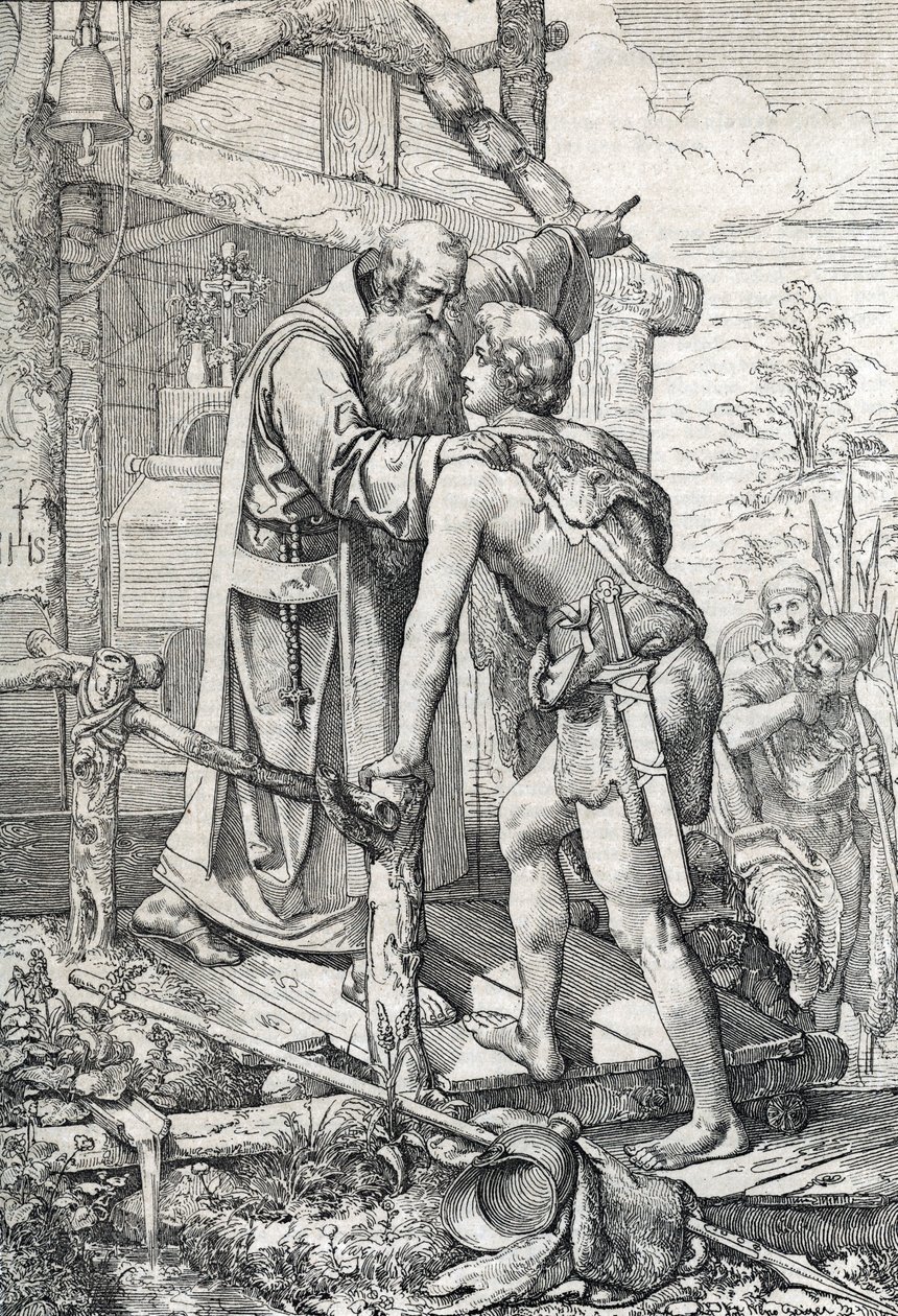 Nuori Odoacre (n. 433-493) saa Severinin siunauksen, Apotre de Norique, n. 470 (Odoacer tapaa Noricumin munkin Severinuksen, joka saa tietää, että hänestä tulisi jonain päivänä kuuluisa, noin 470) Piirrä kynä kirjasta "" Historische Memorabilian des tekijältä Peter Johann Nepomuck Geiger