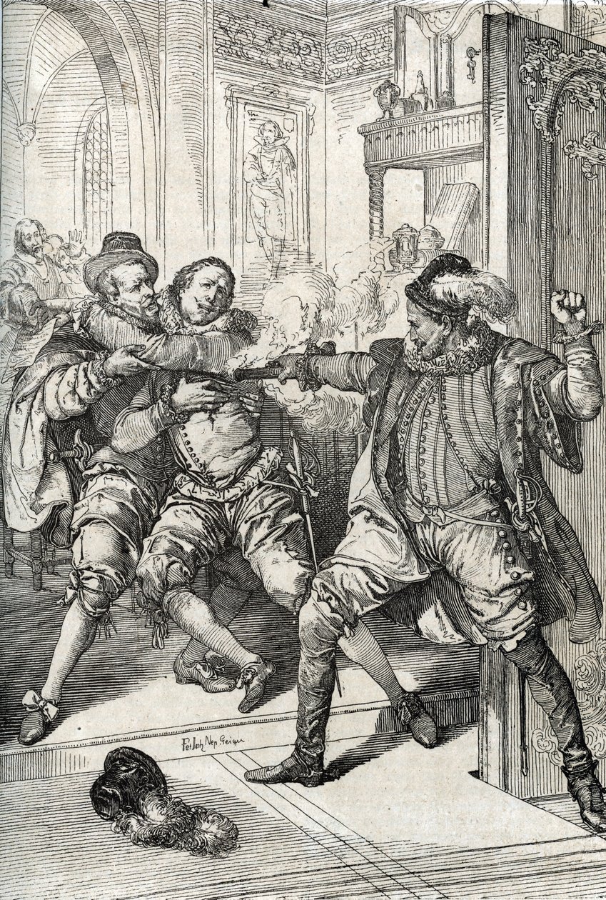 Neljän kahdenkymmenen vuoden sota (1568-1648): "" Balthazar Gerardin 80-vuotisen sodan (tai 80 vuoden) aikana 10.7.1584 tekemä William of Orangen salamurha, nimeltään William Hiljainen (1533-1584) ( Gueux