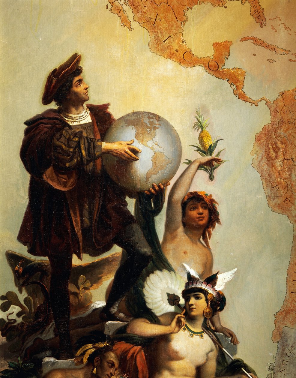Christopher Columbus (1451-1506), yksityiskohta Allegoriasta Kaarle V:stä Habsburgista (1500-1558) maailman hallitsijana, Peter Johann Nepomuk Geigerin (1805-1880) maalaus, Throne Room, Miramaren linna, Trieste, Friuli-Venezia Giulia, Italia tekijältä Peter Johann Nepomuk Geiger
