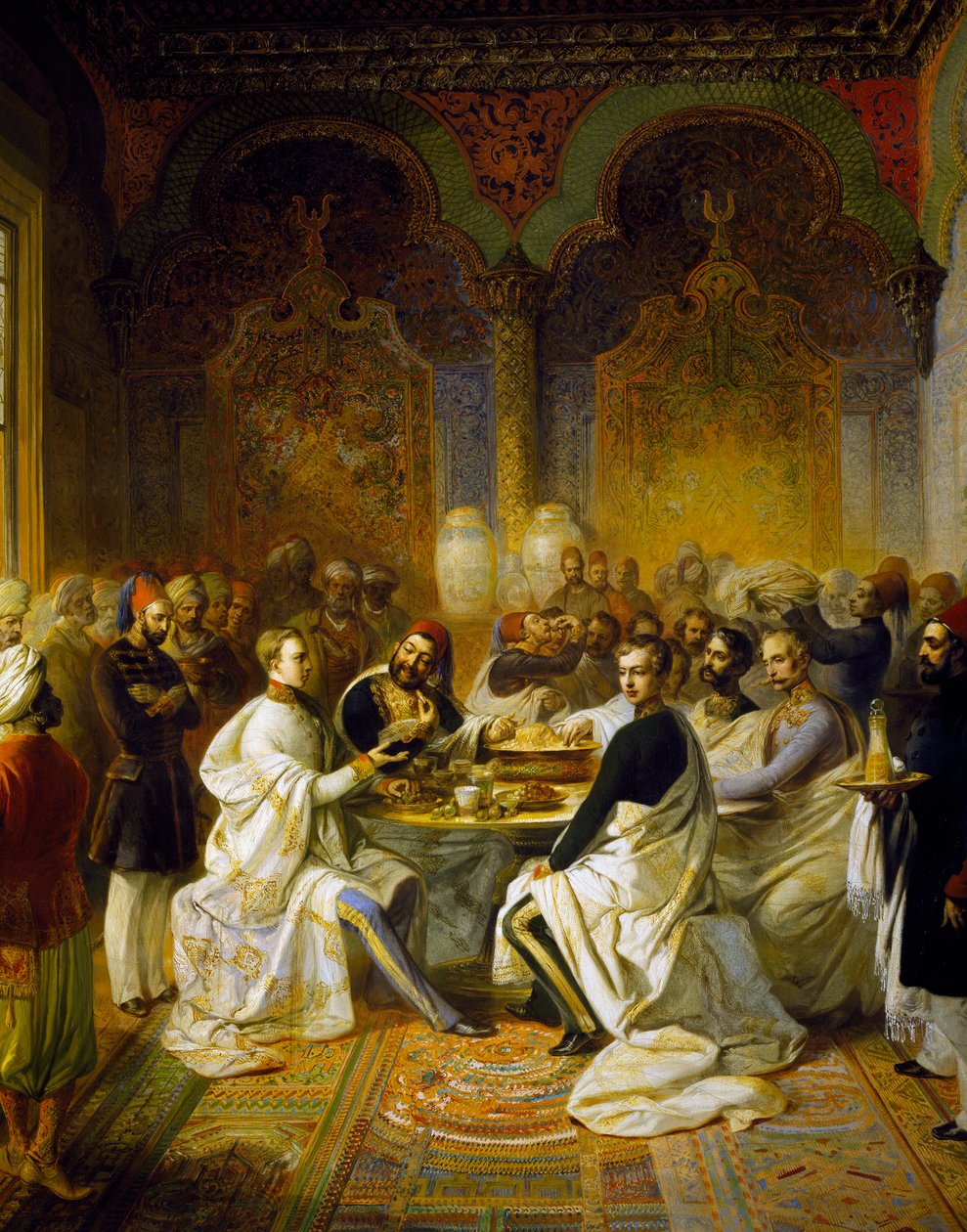 Habsburgilainen Maximilianus ja hänen veljensä Carlo Ludovico vierailevat Halim Pashan Smyrnassa pitämässä juhlassa tekijältä Peter Johann Nepomuk Geiger