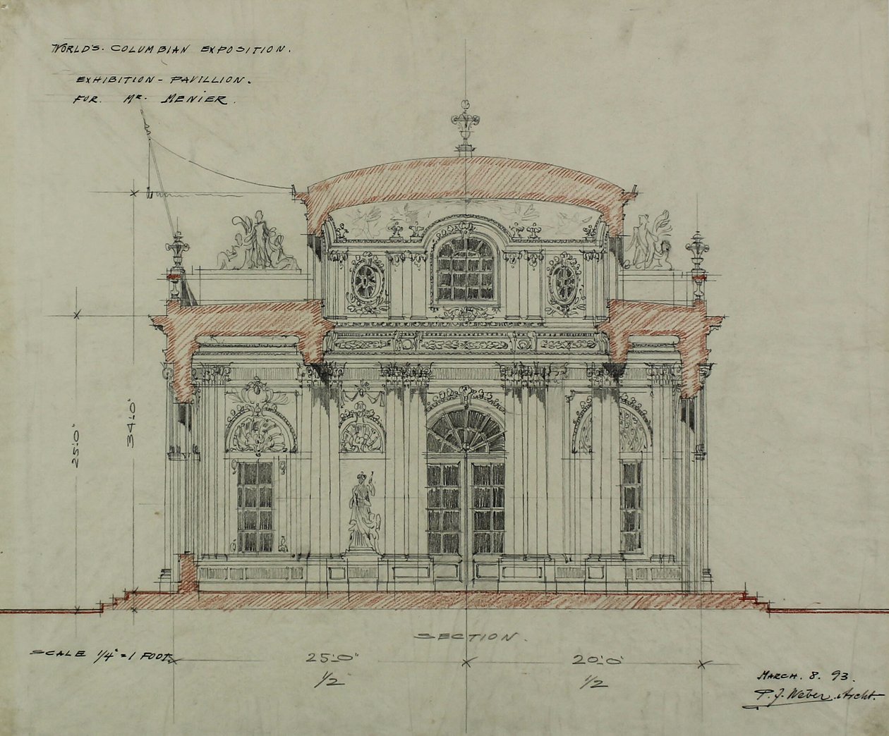 Suklaa-Menier-paviljonki, Kolumbian maailmannäyttely, Chicago, Illinois, luonnosleikkaus tekijältä Peter Joseph Weber