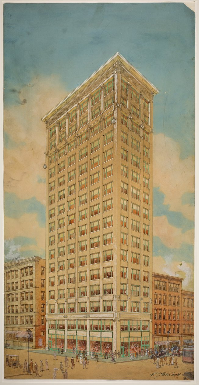 Prairie School Skyscraper, Chicago, Illinois, Perspective, 1910. tekijältä Peter Joseph Weber