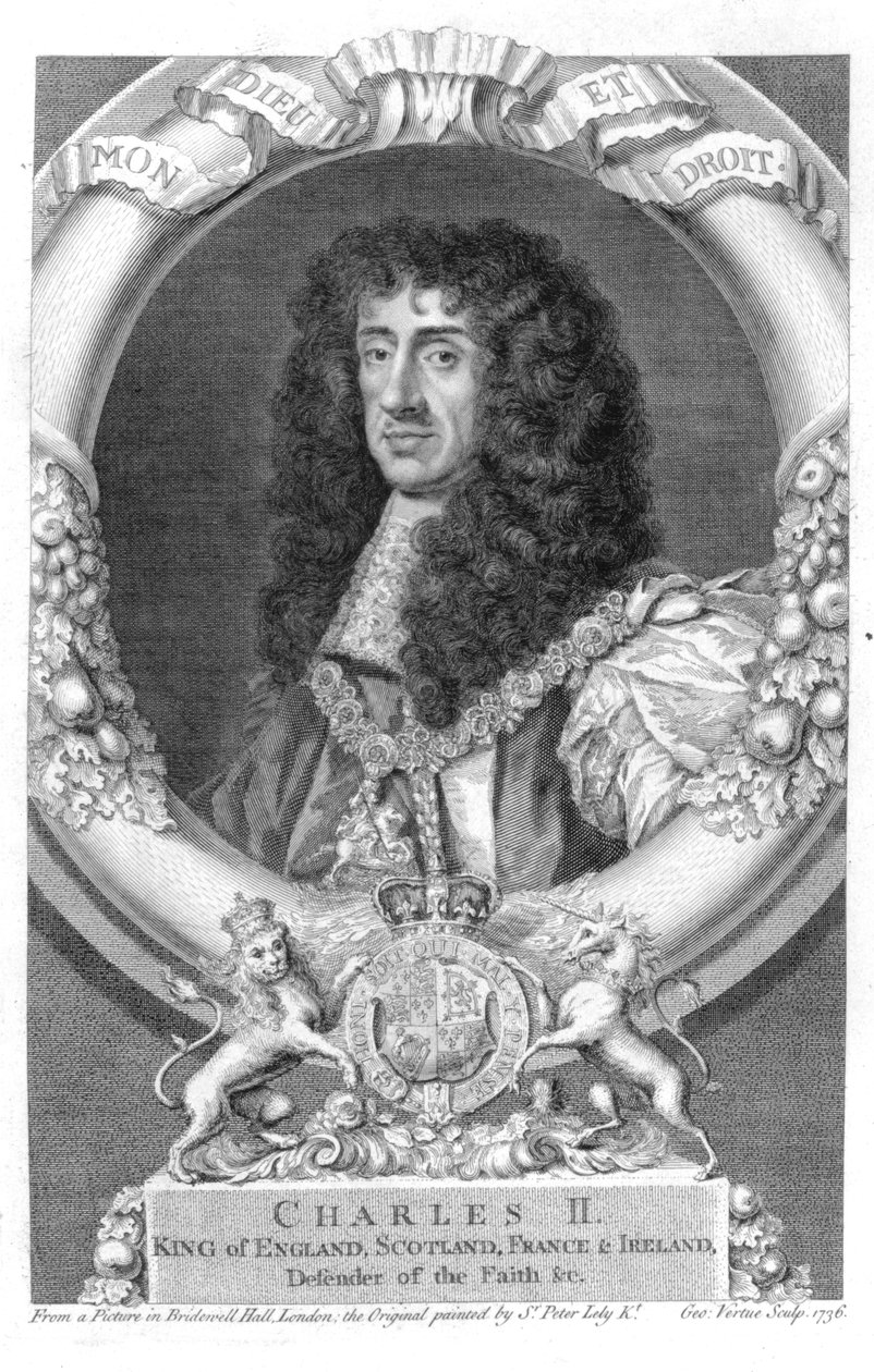 Charles II (1630-85) Ison-Britannian ja Irlannin kuningas vuodesta 1660, kaiverrus George Vertue (1684-1756) 1736 tekijältä Peter Lely