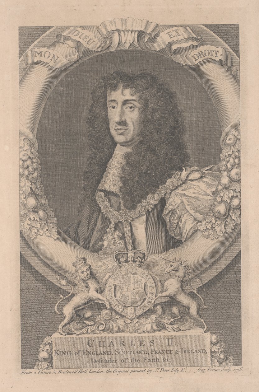 Charles II, Englannin, Skotlannin, Ranskan ja Irlannin kuningas, kaiverrus George Vertue (1684-1756) tekijältä Peter Lely
