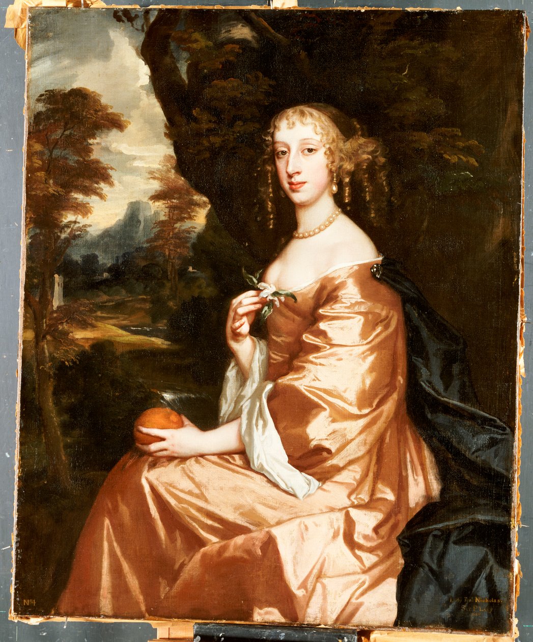 Lady Penelope Nicholasin muotokuva, jolla on oranssi maisemassa tekijältä Peter Lely