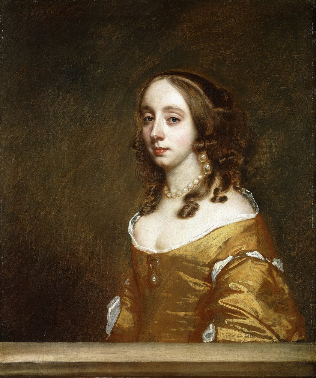 Popham-perheen naisen muotokuva, puolipitkä, kotelon takana, yllään oranssi mekko, tekijältä Peter Lely