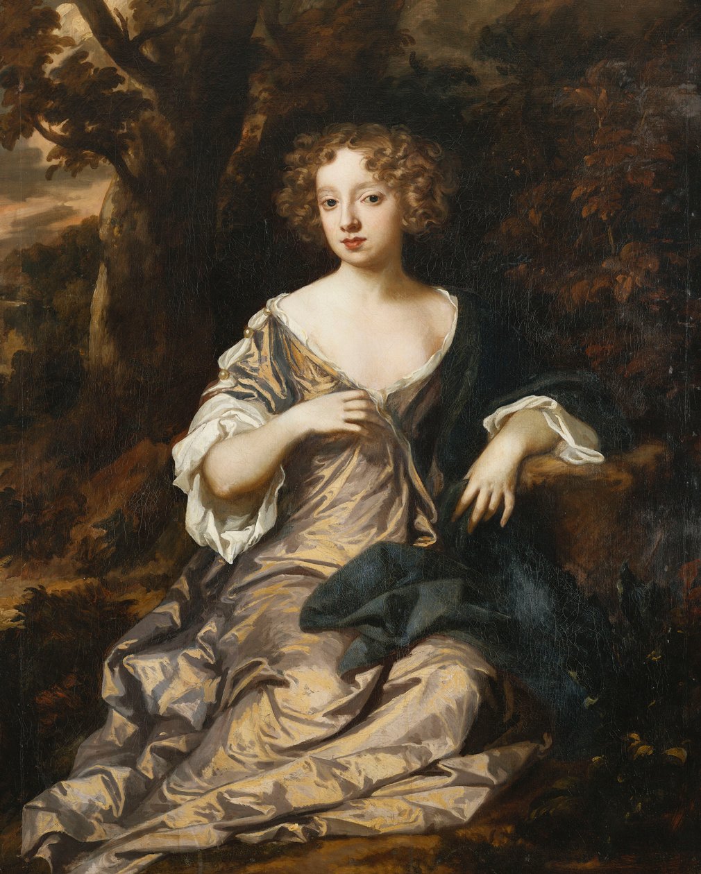 Naisen muotokuva, istuu koko pituudeltaan metsäisessä maisemassa, yllään violetti silkkimekko, jossa on valkoiset hihat ja koristeet, tekijältä Peter Lely