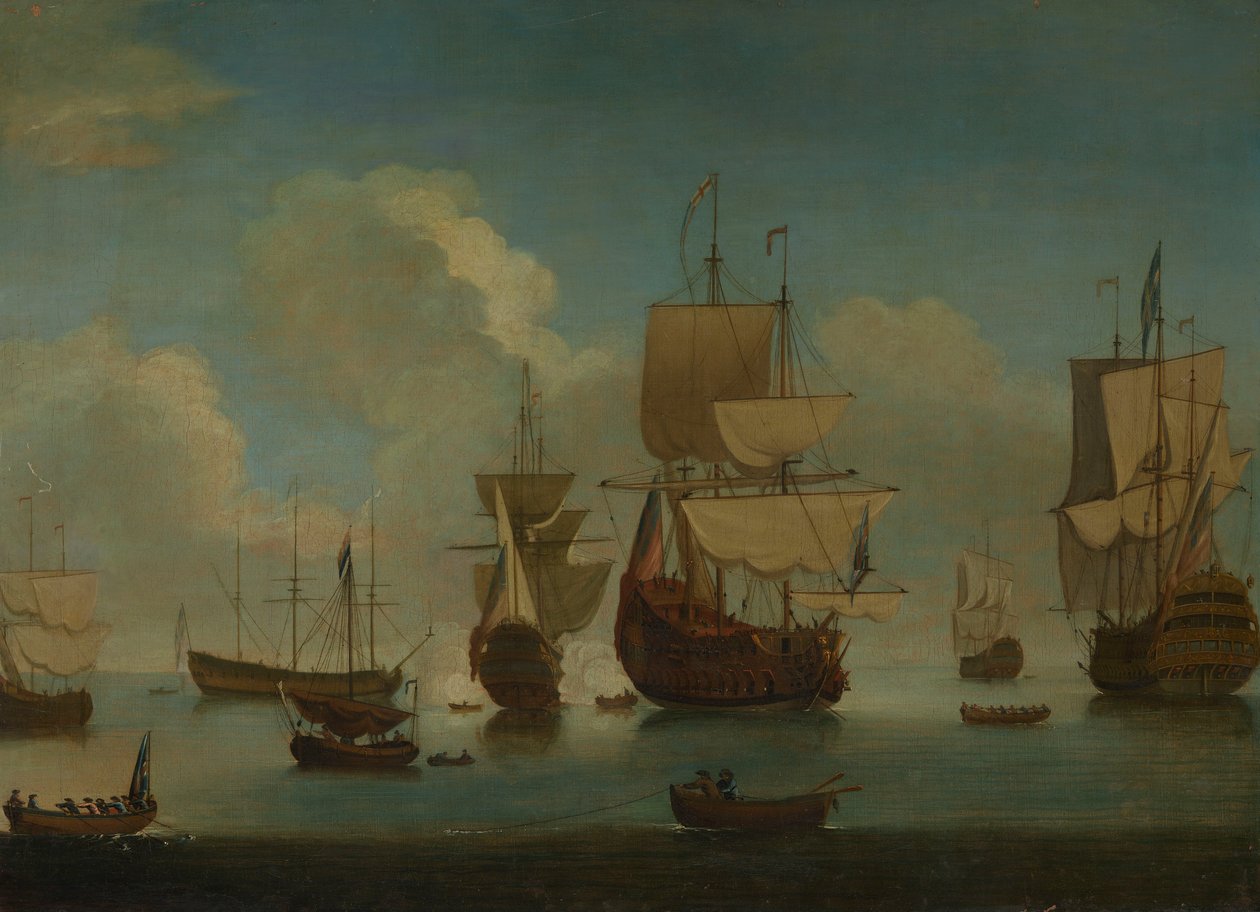 Englantilaisia sota-aluksia ankkurissa tyynessä säässä, purjeita kuivumassa, 1700-luvun alku (öljy kankaalle) tekijältä Peter Monamy