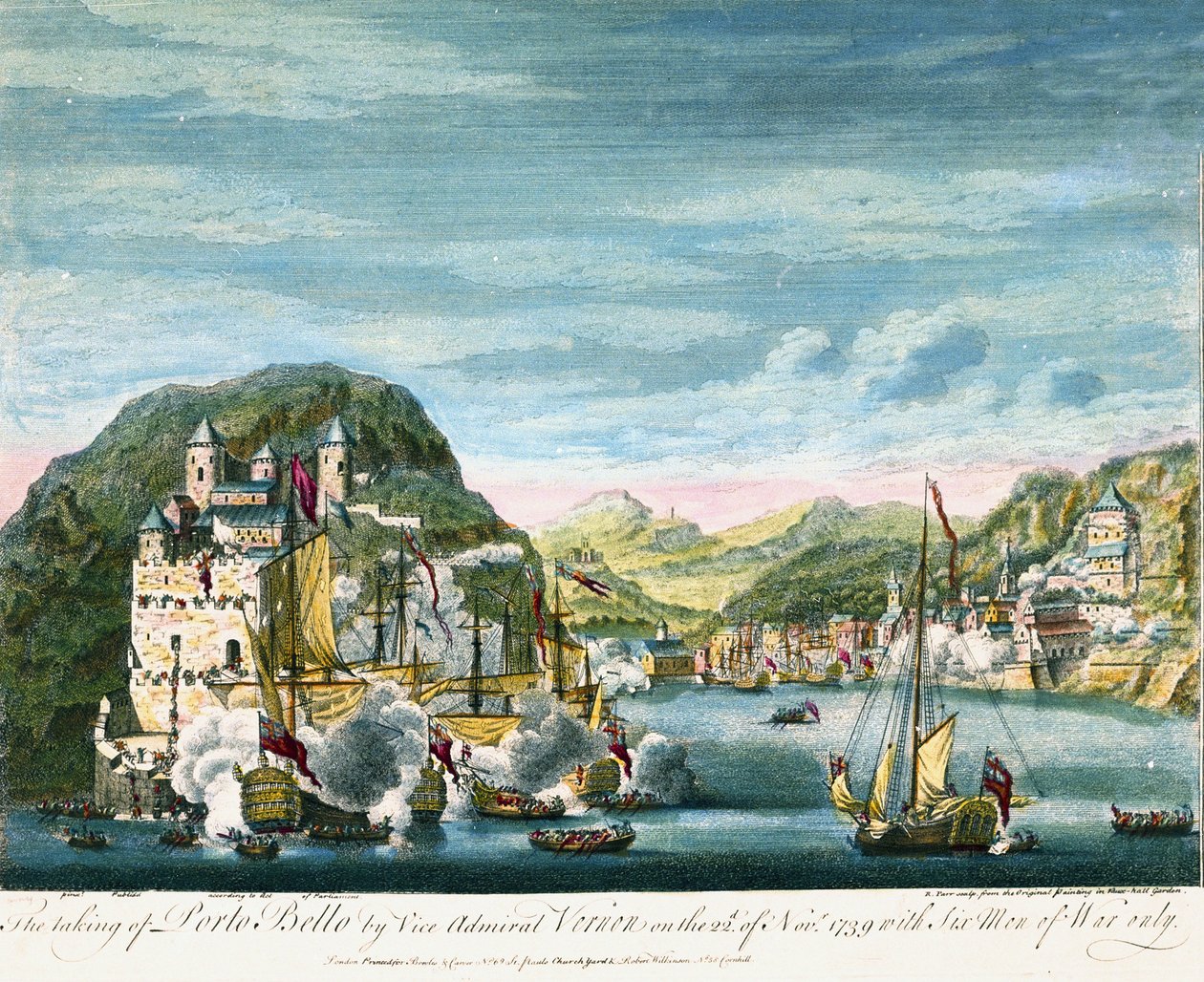 Jenkinsin korvasota: "Porto Bellon valtaaminen ja tuhoaminen 21.11.1739" Se tapahtui Karibialla, ja siinä Ison-Britannian kuningaskunnan ja Espanjan siirtomaalaivastot ja -joukot ottivat yhteen. tekijältä Peter Monamy