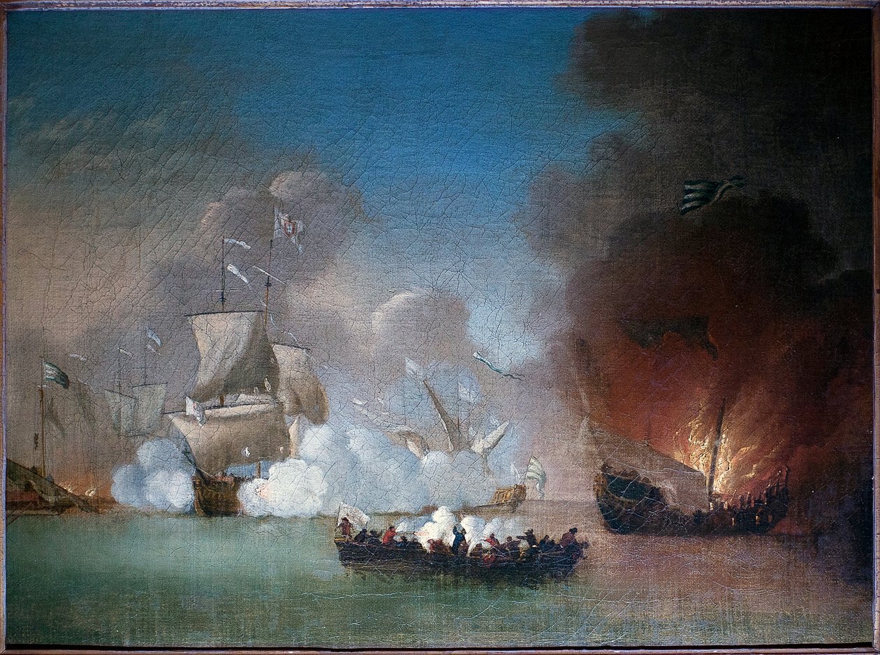 Merivoimien taistelu portugalilaisen sotalaivan ja piikkien merirosvojen keittiöiden välillä – Peter Monamyn maalaus (toimii vuosina 1681–1749), öljy kankaalle, noin 1685 (Peter Monamyn laivastotoiminta portugalilaisen sotamiehen ja joukon Barbary-merirosv tekijältä Peter Monamy